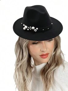1頂爵士帽,秋冬英式復古帽,女性潮流珍珠花帽,英式爵士帽,黑色 - 黑色 - 查看 3