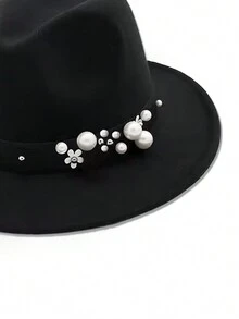 1頂爵士帽,秋冬英式復古帽,女性潮流珍珠花帽,英式爵士帽,黑色 - 黑色 - 查看 4