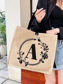 Lightweight,Portable Letter Flower Pattern Natural Elements Teacher Appreciation Gift Women Linen High-Capacity Tote Bag,Graduation Gifts Letter Print Fashionable Teacher Tote Bag School Gift Beach Vacation Stylish,Great Gift For Women,MomsTeachers,Friends,Bridesmaids, Best Teacher Gifts Forever - Khaki - View 2
