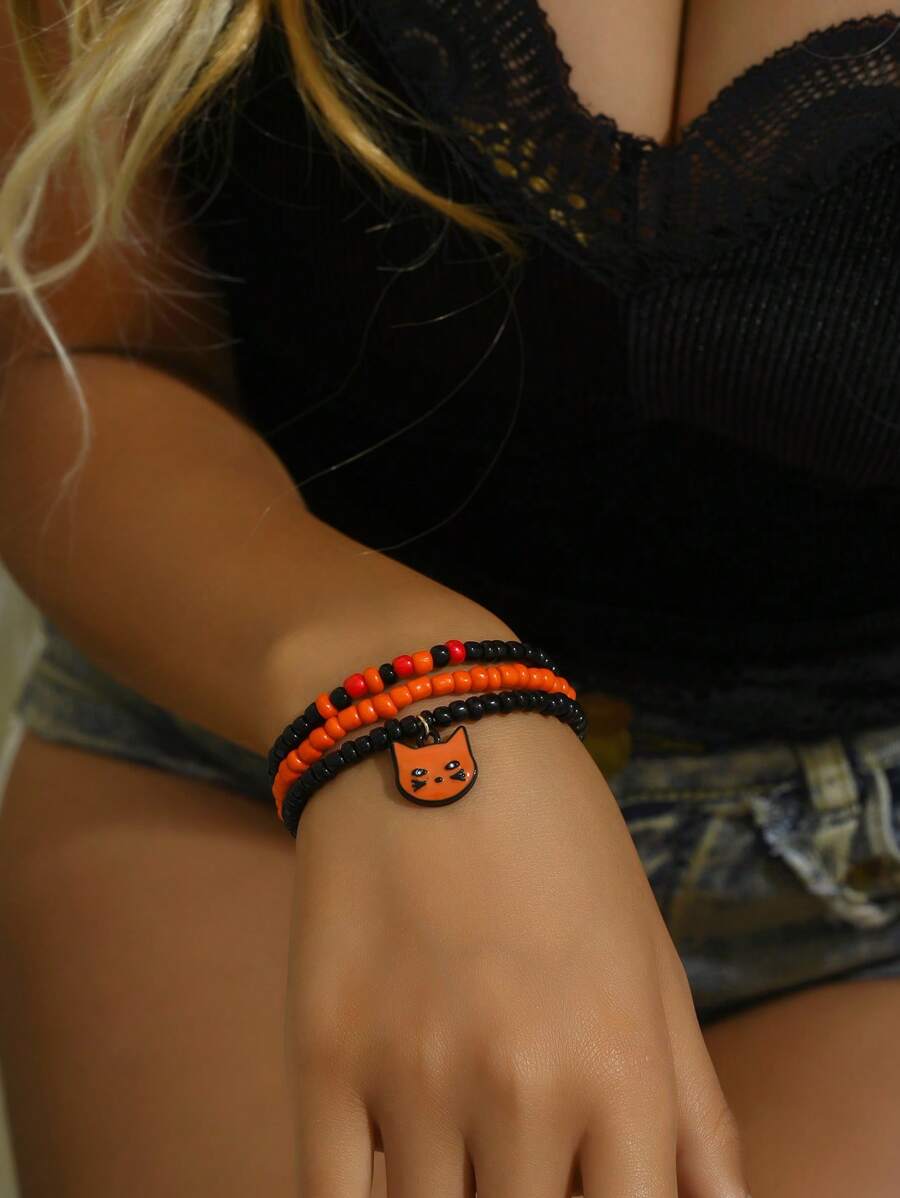 3 Cái/bộ Vòng Tay Đính Cườm Dễ Thương Với Các Chi Tiết Trang Trí Cho Mèo, Thích Hợp Cho Phụ Nữ Đeo Hàng Ngày - Nhiều màu - Xem 1