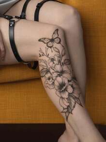 1pc Black Flower, Butterfly & Botanical Pattern Temporary Tattoo Sticker For Arm, Chest, Abdomen And Back - Black - View 2