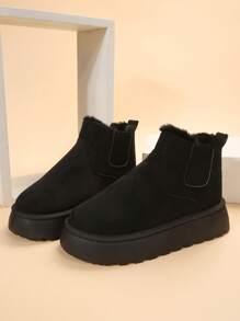 女式冬季雪靴,新款厚底短毛絨黑色踝靴