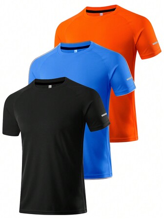 3pcs/set Men's Casual & Fitness & Outdoor Sports Quick-dry Short Sleeve T-shirt, Training & Running, Stretchy Loose Tops In Mixed Colors