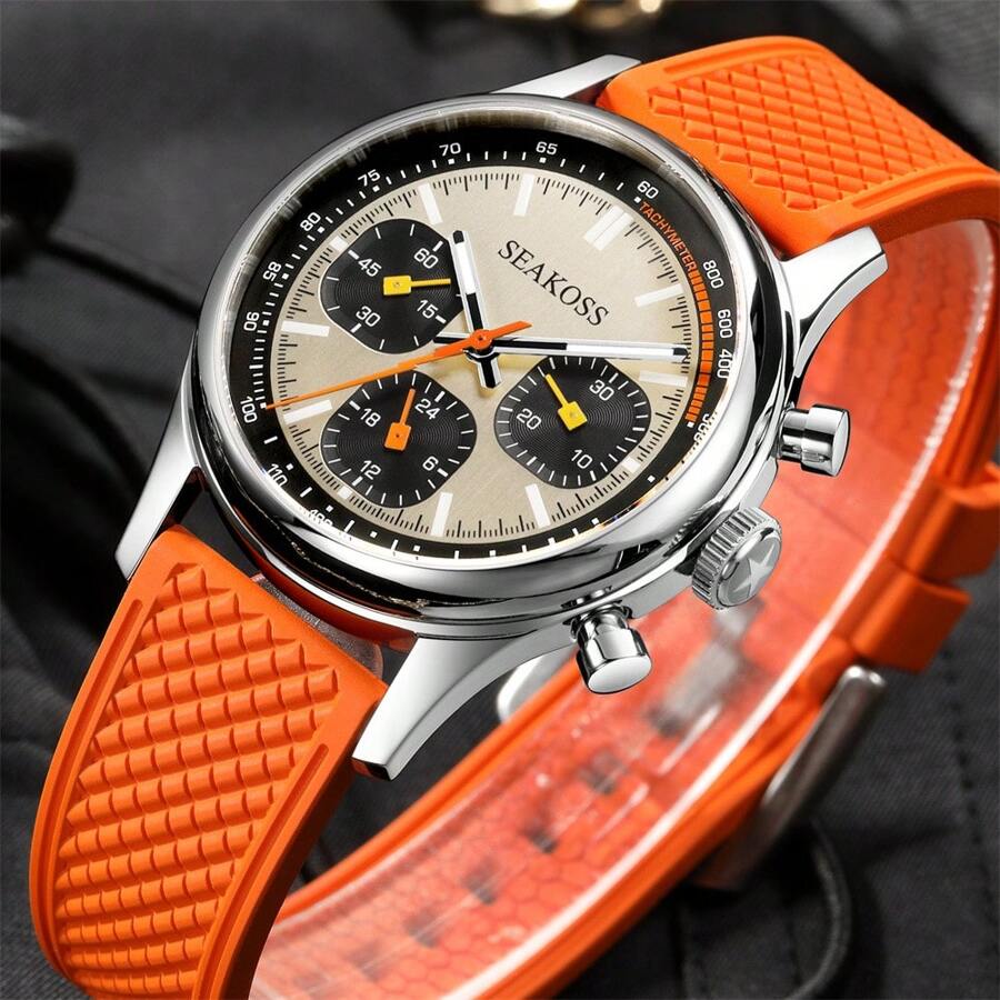 SEAKOSS 40mm 海鸥 1963 计时机械表男士 ST1903 硅胶飞行员时钟超级夜光蓝宝石腕表 - 橘色 - 查看 1