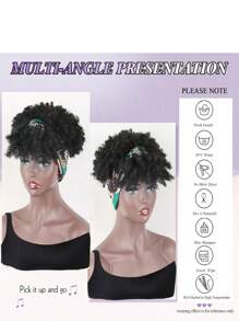 Head-Wrap Wigs 2 in 1 Head Ponytail Wrap Short Silver Turban Wrap-Wig Updo Kinky Curly Afro Puff with Bangs Drawstring Ponytail Extension for - Black - View 3