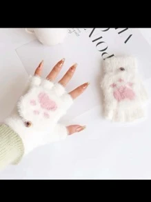 1双幼儿男女通用猫爪爱心图案保暖半指毛绒手套，适合秋冬季户外佩戴 - 白色 - 查看 7