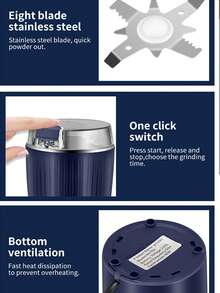 1入組100克容量電動咖啡研磨機帶適用於美國插座,藍色的現代設計,合適的適用於家庭,辦公室,野餐,戶外使用 - 黑色 - 查看 8