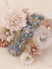 3pcs Ivory-colored Craft Flower & Rhinestone Decorated Seamless Elastic Hair Ties For Kids' Festive Decoration