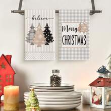 2 件裝聖誕樹條紋水牛格子相信聖誕快樂廚房毛巾洗碗巾,18x26 吋冬季裝飾手巾 - 條紋水牛格子 - 查看 4