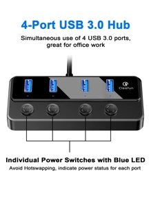4-Port USB Hub 3.0, Individual LED Power Switches USB Extension 2ft USB Extender 5V/3A USB Adapter for Laptop, PC, USB Flash Drives, and More - Black - View 2