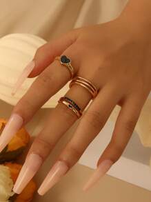 3pcs/set Simple Heart-shaped Ring Set For Women, Suitable For Daily Wear - Gold - View 1