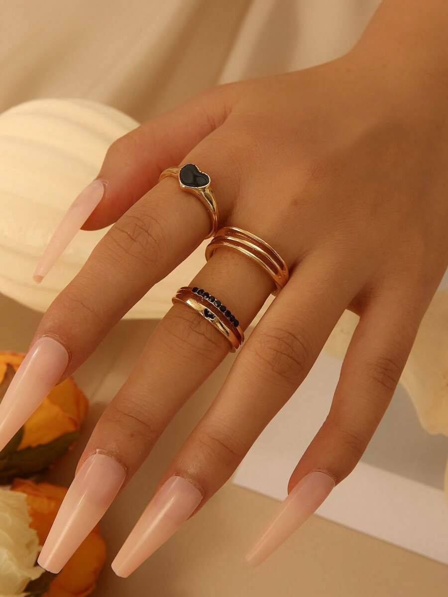 3pcs/set Simple Heart-shaped Ring Set For Women, Suitable For Daily Wear - Gold - View 1