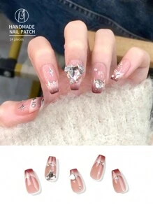 24入組壓克力假指甲,閃爍愛心形狀,星型元素和鑲嵌鑽石裝飾, 三維立體裝飾,粉色女用假指甲。 - 淺粉色 - 查看 1