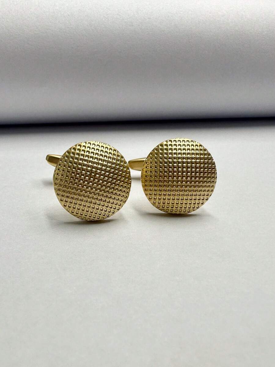 1pair Round Dense Dot Design Golden Cufflinks Suitable For Men's Business And Social Events - Yellow Gold - View 1