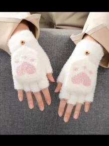 1双幼儿男女通用猫爪爱心图案保暖半指毛绒手套，适合秋冬季户外佩戴 - 白色 - 查看 8