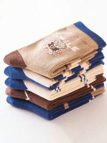 5入組男孩秋冬藍色和棕色條紋熊和字母印花中筒襪(6-12個月)/(1-2)/(2-3)/(3-8)歲 - 彩色 - 查看 6