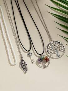 5 件/套波西米亚和嬉皮风格女士创意时尚花盘，不对称水晶，子弹形，眼睛形吊坠和多色串珠项链，珠子颜色随机 - 彩色 - 查看 4