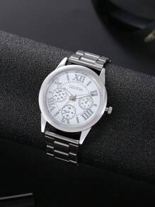 Men Triple Dial Round Pointer Quartz Watch As A Gift For Students Returning To School - Silver - View 3