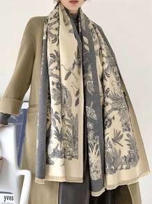 FADZOYLE Boho款 1入組淺灰駱駝毛女士長款披肩圍巾，印花圖案保暖羊毛時尚圍巾，適用於秋冬日常晚宴禮服及送禮之用 - 淺灰色 - 查看 8