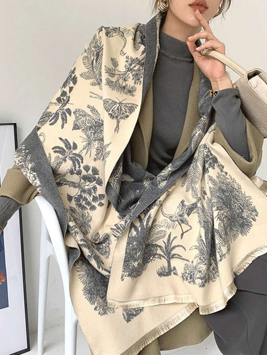 FADZOYLE Boho款 1入組淺灰駱駝毛女士長款披肩圍巾，印花圖案保暖羊毛時尚圍巾，適用於秋冬日常晚宴禮服及送禮之用