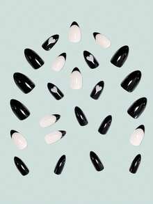 用 24 件中長水滴形黑色法式假指甲升級您的造型,時尚心形全覆蓋美甲套裝,適合派對、夜間外出和日常穿著,秋冬 - 黑色 - 查看 3
