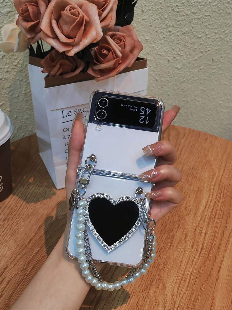 1入組透明心形鏡子+仿珍珠鏈手機殼，附手帶，適用於三星手機 - 無色 - 查看 1