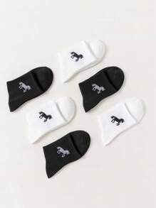 6双女式中筒袜，黑白马图案，适合秋季日常穿着