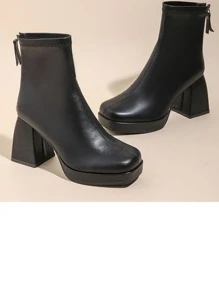 女式粗跟法式方頭粗跟時尚靴子 - 黑色 - 查看 1