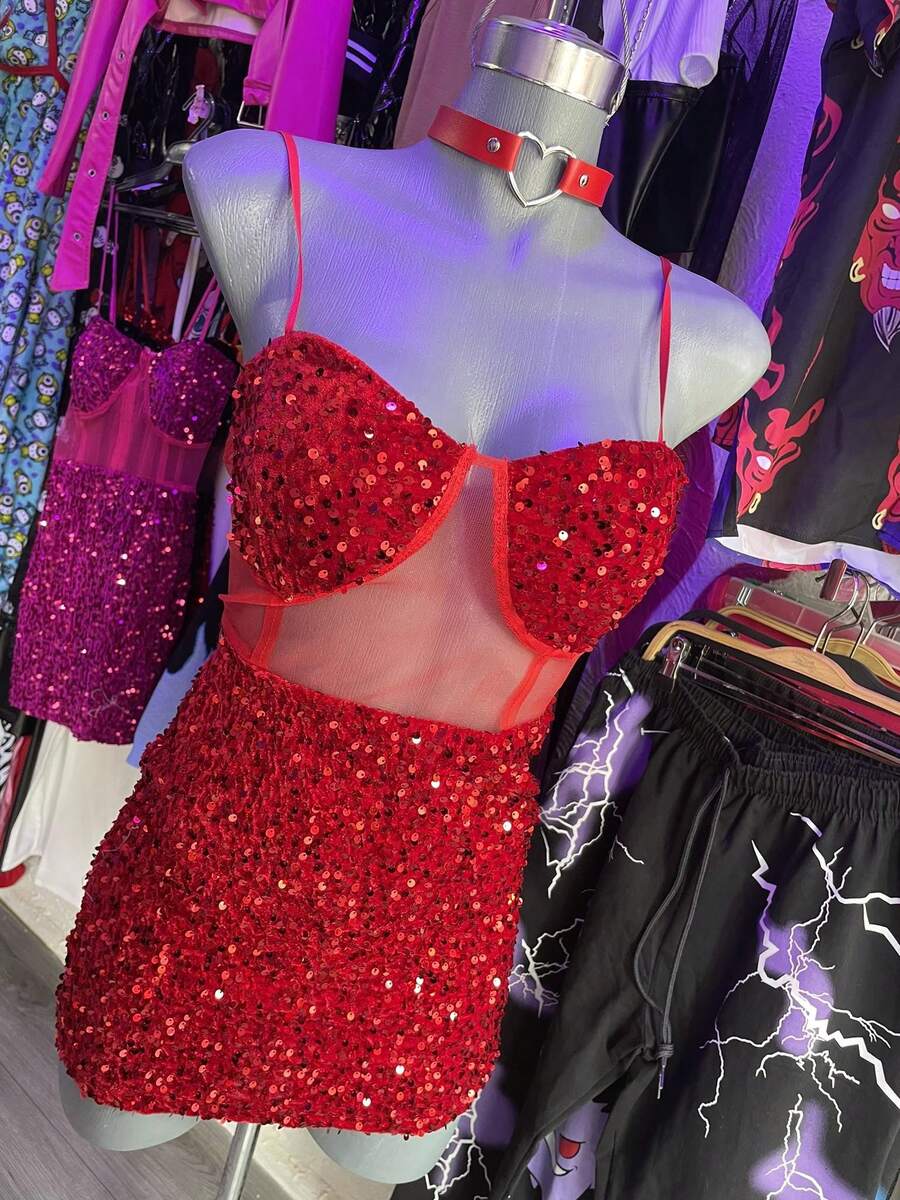 Vestido lentejuela brilloso con copas rojo unitalla ch/m - Unitalla - Ver 1