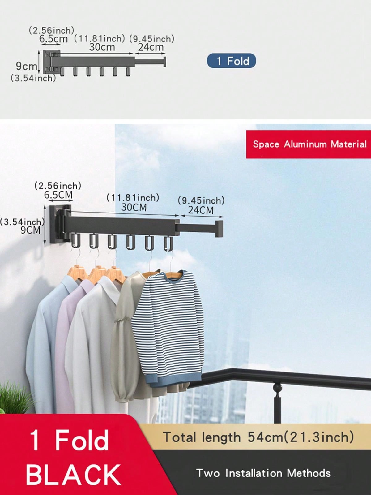 LTLWSH Perchero de Pared Plegable, Colgador de Ropa Montado Pared con Gancho, Perchas Pared Plegable Aluminio para Balcon Dormitorio Salón Baño,Negro,4 poles