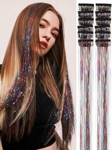 時尚聚會聖誕新年禮物女士頭髮閃爍條12入包裝,20英寸夾式彩色閃光柔順髮絲,節日禮物閃爍童話髮片派對迷人髮飾(20英寸12入,彩色)