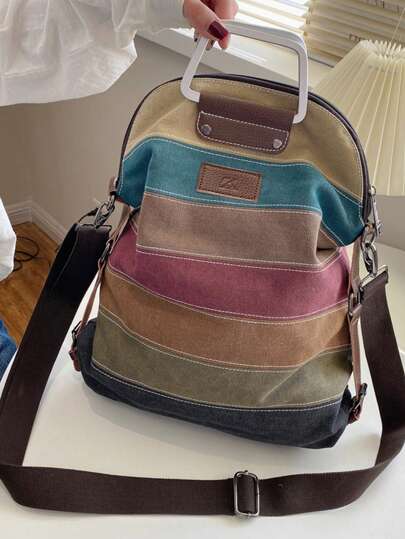 KVKY Multi-Color Striped Canvas Backpack,Women's Top Handle Daypack,Functional Shoulder Bag,School Bag,Portable,Laptop Compartment,Large Capacity,For Teen Girls Women College Students,College,Middle School,High School,Outdoors,Travel,Outings,Elementary School,Office