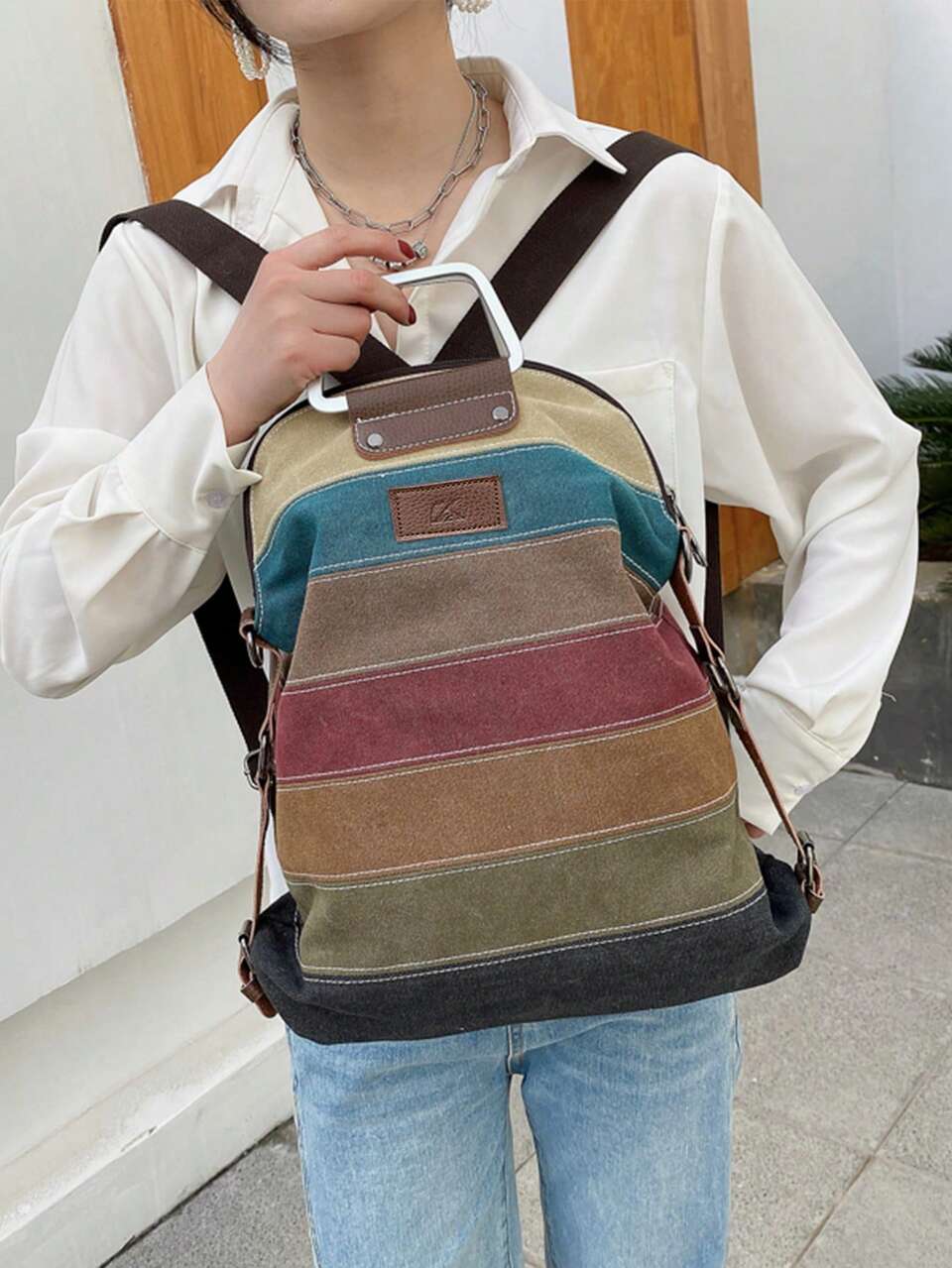 Multi-Color Striped Canvas Backpack,Women's Top Handle Daypack,Functional Shoulder Bag,School Bag,Portable,Laptop Compartment,Large Capacity