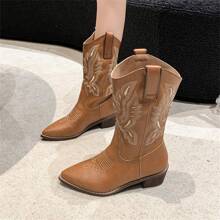 2023新款西部風牛仔中筒靴,女性尖頭,厚跟高跟,秋冬瘦身效果 - 棕色 - 查看 2