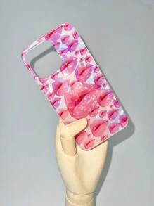 Funda para iPhone con bonitos besos de lápiz labial rosa, cubierta trasera suave con revestimiento brillante de lujo, parachoques de protección completa para la cámara - Rosa - Ver 1