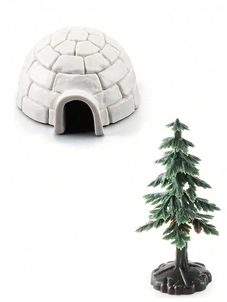 2 件微型雪屋和圣诞树复制品 - 逼真的北极冰屋装饰小雕像，适合儿童圣诞派对和景观装饰！，圣诞节 - 彩色 - 查看 1