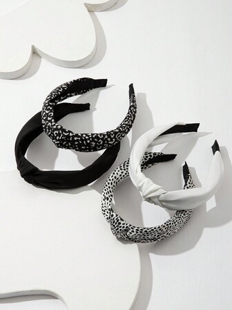 4 st/förpackning damhårband i svart och vitt leopardmönstrat tygknut, mångsidig stil, hårband, hårbåge, hårband, hårbåge, håraccessoarer, huvudaccessoarer