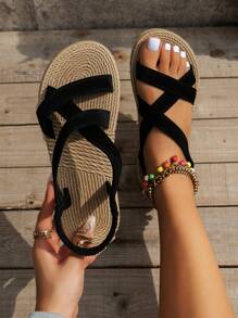 New Summer Fashion Women's Sandals, Stylish Black Criss-Cross Strap Slippers, Beach Hawaii Style Shoes - Black - View 1