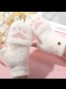 1双幼儿男女通用猫爪爱心图案保暖半指毛绒手套，适合秋冬季户外佩戴 - 白色 - 查看 6