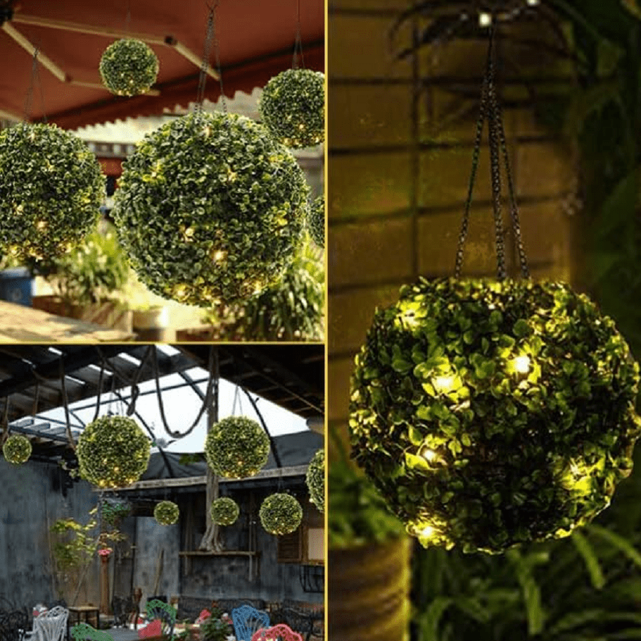 Solar Powered LED Artificial Topiary Ball Decorative PreLit Faux Boxwood Greenery Hanging Plant
