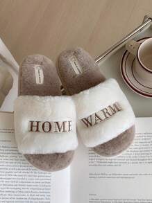 Chinelos Femininos de Outono/Inverno Confortáveis de Sola Grossa e Peludo Macio com Bordado de Letras, Chinelos Casuais Anti-derrapantes Para Quarto/Casa
