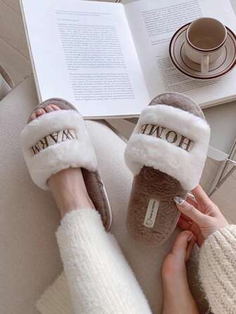 Women's Autumn/Winter Comfortable Thick-Soled And Soft Plush Slippers With Letter Embroidery, Casual Non-Slip Bedroom/Home Shoes