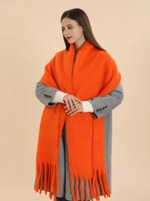 1入組純色女用圍巾，有流蘇下擺，適合戶外活動，防風保暖披肩，適合日常使用 - 橘色 - 查看 3