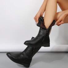 女士扁平款鑲有鑽石流蘇鏈條裝飾增厚中筒靴 - 秋冬保暖休閒,圓頭踝靴 - 黑色 - 查看 5