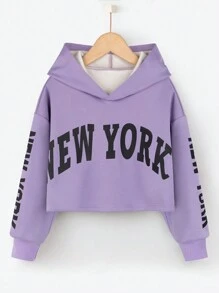 Tween Girl 1pc Letter Graphic Drop Shoulder Hooded Crop Sweatshirt - Purple - View 1