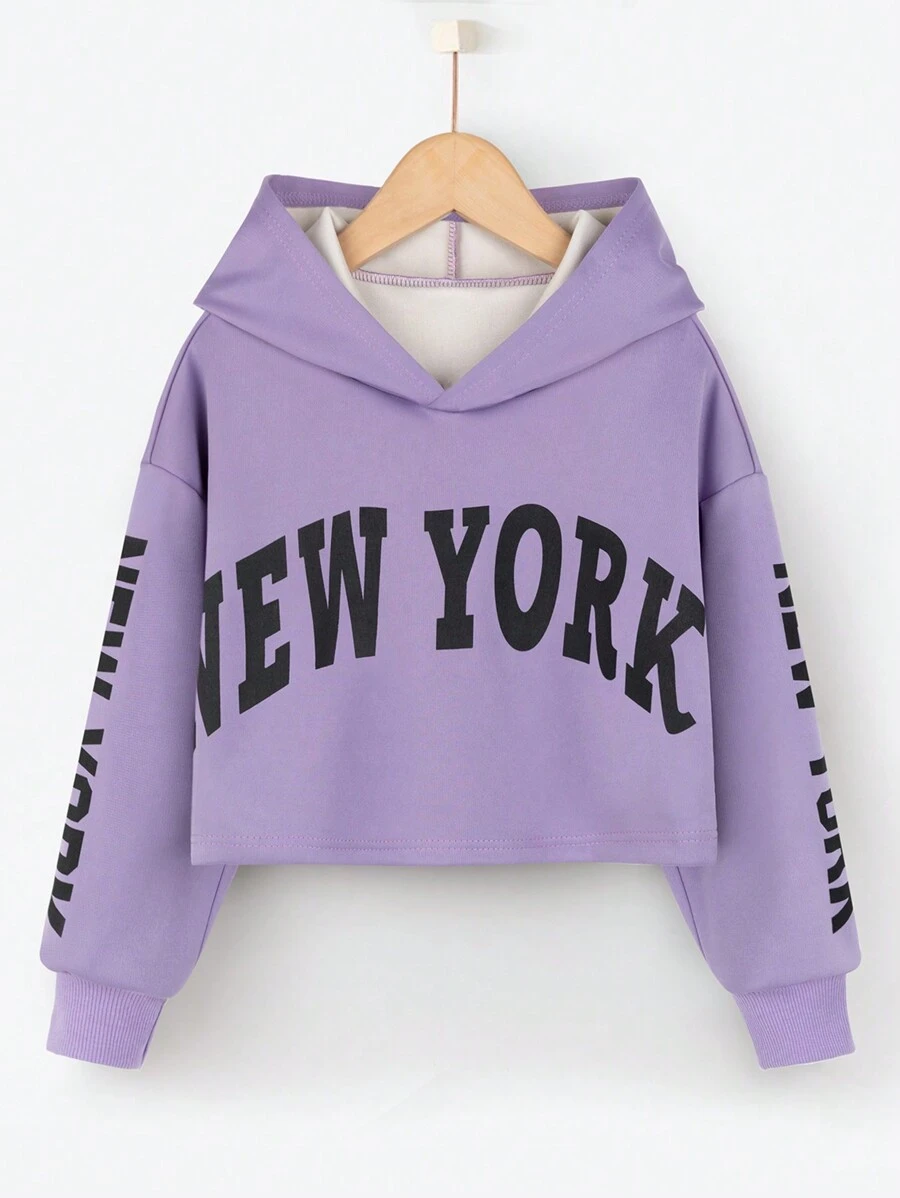 Tween Girl 1pc Letter Graphic Drop Shoulder Hooded Crop Sweatshirt - Purple - View 1