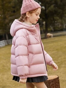Girls' Fashionable Thickened Pink Hooded Down Jacket For Autumn And Winter
