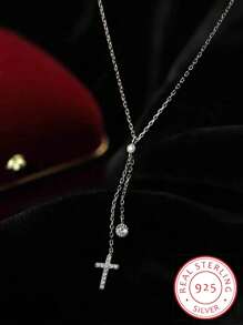 時尚女款 S925 純銀和 18k 鍍金十字形流蘇吊墜項鍊