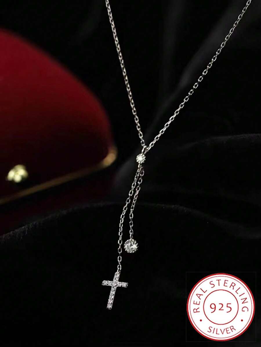 時尚女款 S925 純銀和 18k 鍍金十字形流蘇吊墜項鍊