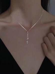 時尚女款 S925 純銀和 18k 鍍金十字形流蘇吊墜項鍊